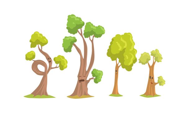 Funny Trees Cartoon Characters Collection, Comic Trees Showing Various Emotions Vector Illustration - Διάνυσμα, εικόνα