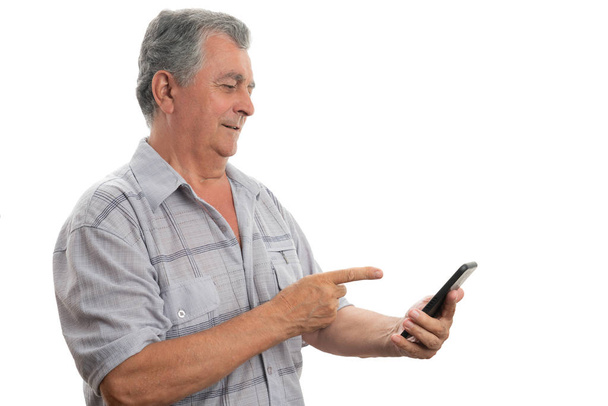 Old man pointing at the phone - Foto, Bild