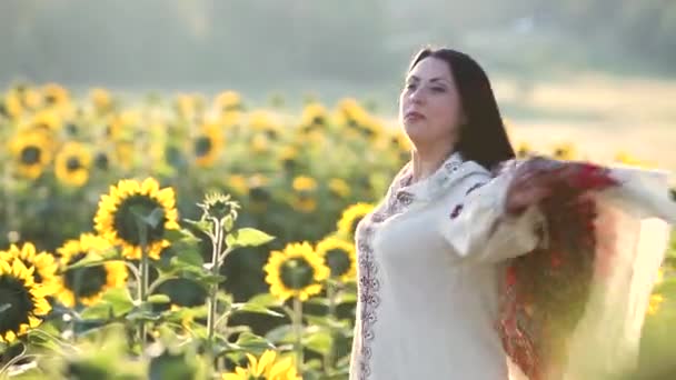 Eine Frau in authentischer ukrainischer Kleidung tanzt draußen auf grünen Sommerfeldern. - Filmmaterial, Video