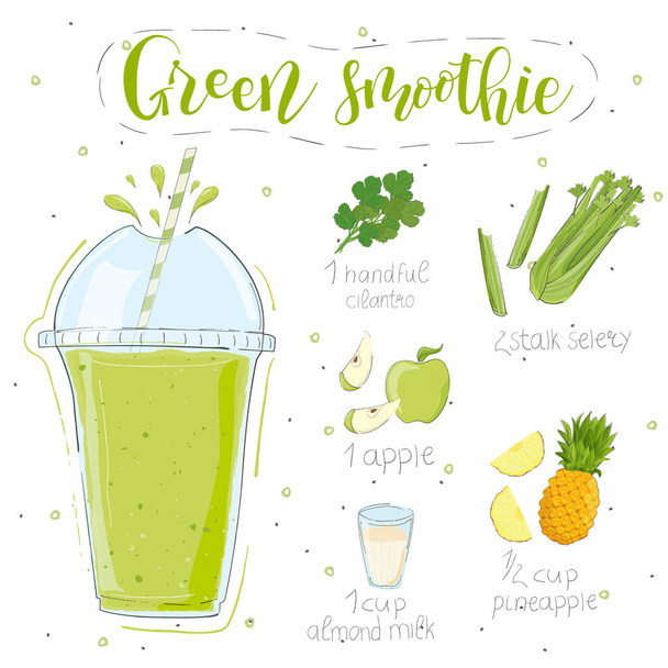 Green smoothie recipe. With illustration of ingredients. Doodle style - Vetor, Imagem