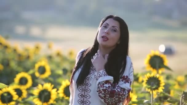 Groep van jonge gelukkige mensen in nationale Oekraïense kleding zingen en dansen in zonnebloemvelden in de zomer. - Video