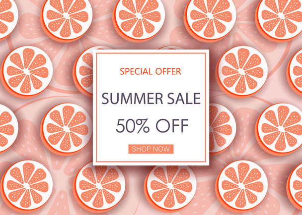 Summer sale banner with sliced grapefruit pieces and dotted pattern. Orange background - template for seasonal discounts, vector illustration. - Vektor, Bild