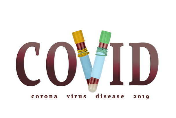 η λέξη Covid σε λευκό φόντο. Όνομα ενός νέου τύπου coronavirus Covid-19, ασθένεια του ιού της κορώνας 2019. γράμμα V σε σχήμα δοκιμαστικών σωλήνων. διάσωση από θανατηφόρα επιδημία πνευμονίας από την Κίνα. - Φωτογραφία, εικόνα
