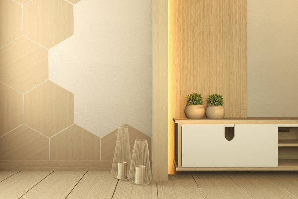 wooden cabinet tv with wooden hexagon tiles room japanese style. - Fotoğraf, Görsel