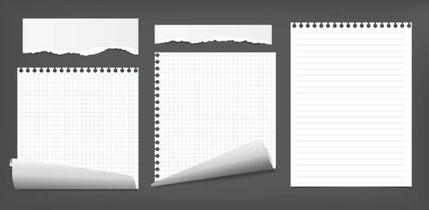 Conjunto de notas blancas rasgadas, tiras de papel para cuadernos, piezas, hojas con esquinas rizadas y sombra suave pegada sobre fondo negro. Ilustración vectorial
 - Vector, imagen