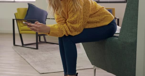 Side view of a Caucasian woman working in a creative office, sitting in an armchair in a lobby, using a smartphone, text messaging - Video