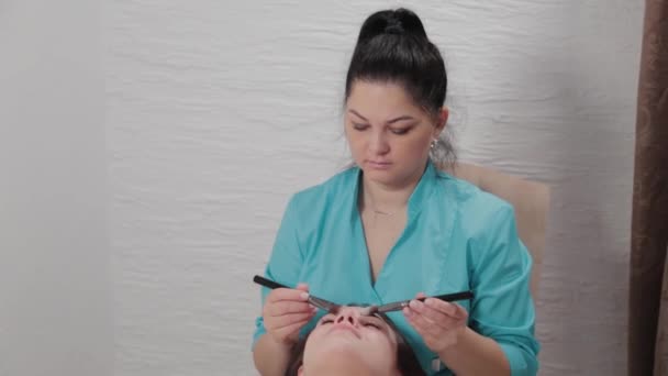 Woman massage therapist does face brush massage to client. - Materiał filmowy, wideo