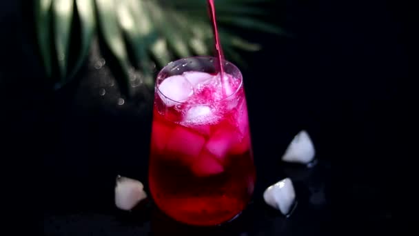Boisson framboise-épine dans un verre transparent avec glace. La boisson est versée dans un verre. Ajout de branches de palmier et de framboises. Fond noir
. - Séquence, vidéo