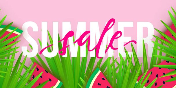 Vector Summer sale trendy banner. Modern colorful background with tropical palm leaves and watermelon slices - Vector, Image