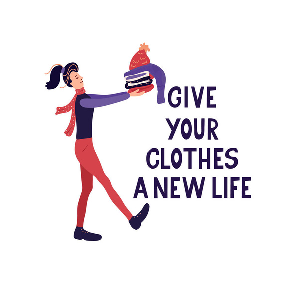 Give your clothes a new life. Lettering and vector illustration isolated on white background. Woman bringing her used clothes to charity or swap party. Clothing donation concept. Mindful lifestyle. - Vector, Image