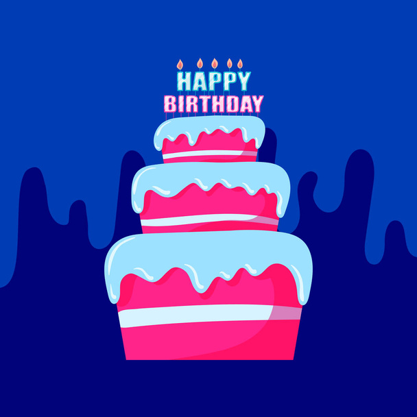 Greeting card. Bright vector illustration of a cake with candles and the inscription Happy Birthday, decorated with beautiful flowers. Baking for window dressing, creating cards and banners. - Vector, Image