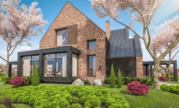3d rendering of modern clinker house on the ponds in spring - Foto, immagini