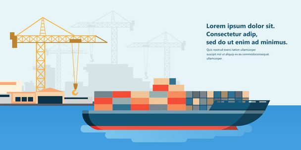Container ship at freight port terminal Unloading. Merchant Marine. Flat vector illustration - Vector, Image
