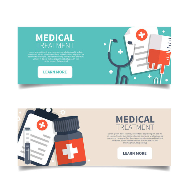 Tratamiento médico. Banner de atención médica y medicina. Ilustración vectorial plana
 - Vector, imagen