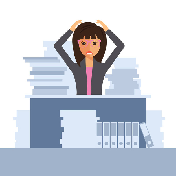 Overworked woman in her office. Worried woman have a lot of work. Flat vector illustration - Vector, Image