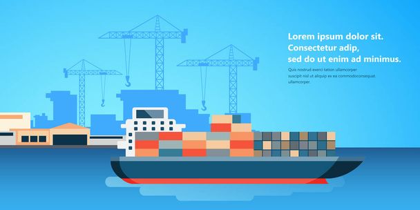Containerschip bij goederenterminal Lossen. Een koopvaardijschip. Platte vectorillustratie - Vector, afbeelding