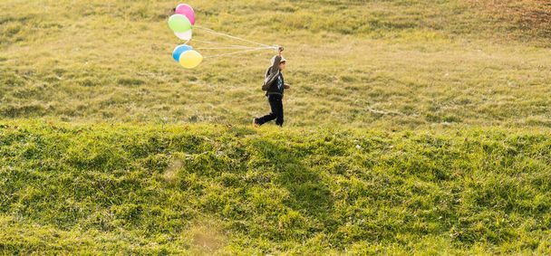 Little cute boy on grass meadow with balloons - Фото, изображение
