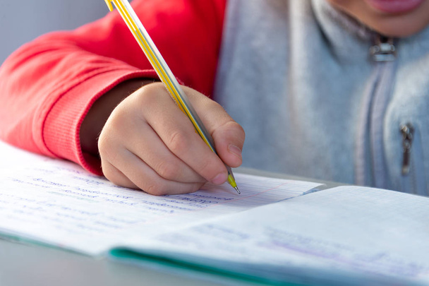 Сконцентрированный ребенок делает домашнее задание. Мальчик сидит и смотрит в книги и блокноты
 - Фото, изображение