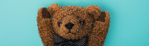 Top view of brown teddy bear on blue background, panoramic shot - Foto, Imagem