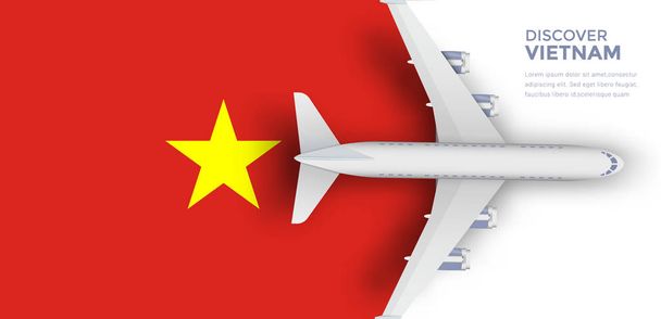 Vietnamská cestovní vlajka. Letadlo vznášející se nad vlajkou Vietnamu. Mezinárodní lety. Oblíbená turistická destinace. Zásoba vektorů - Vektor, obrázek