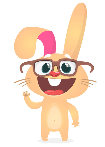 Cute cartoon rabbit wearing big eyesglasses waving hand. Vector  - Vecteur, image