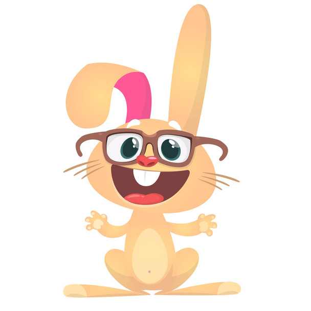Happy cartoon rabbit wearing big eyesglasses waving hand. Vector - Vektori, kuva