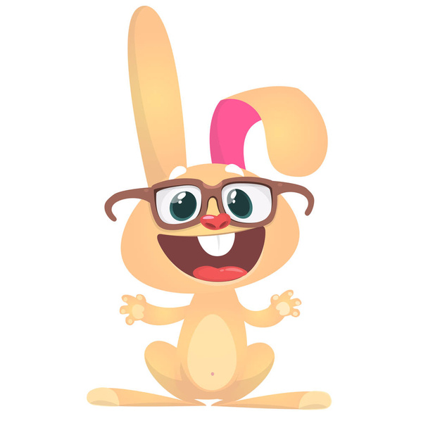 Happy cartoon rabbit wearing big eyesglasses waving hand. Vector - Vecteur, image