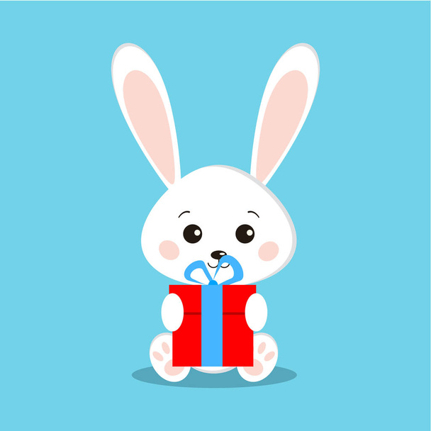 Isolated cute and sweet white bunny rabbits in sitting pose with gift - Vector, afbeelding