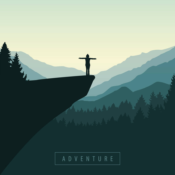 vaellus seikkailu tyttö kalliolla auringonnousun vuoristomaisemat
 - Vektori, kuva