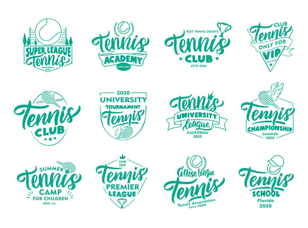 Serie historischer Tennis-Embleme und Marken. Abzeichen, Vorlagen und Aufkleber für Verein, Schule auf weißem Hintergrund - Vektor, Bild