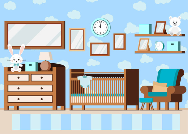 Gezellige jongen baby kamer interieur achtergrond in cartoon platte stijl. - Vector, afbeelding