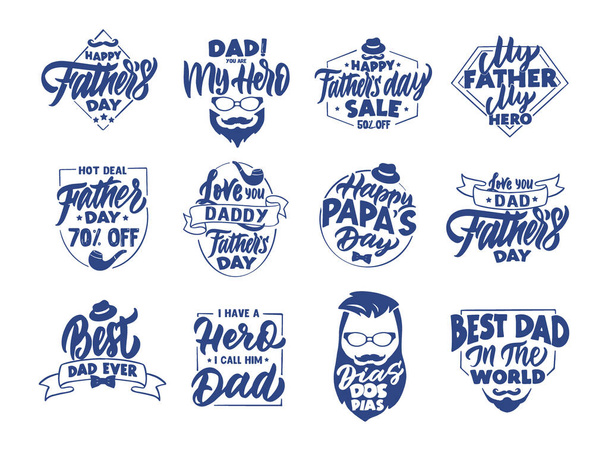 Set di emblemi vintage per la festa del papà, francobolli, distintivi, adesivi. Raccolta di loghi con testo disegnato a mano, frasi
 - Vettoriali, immagini