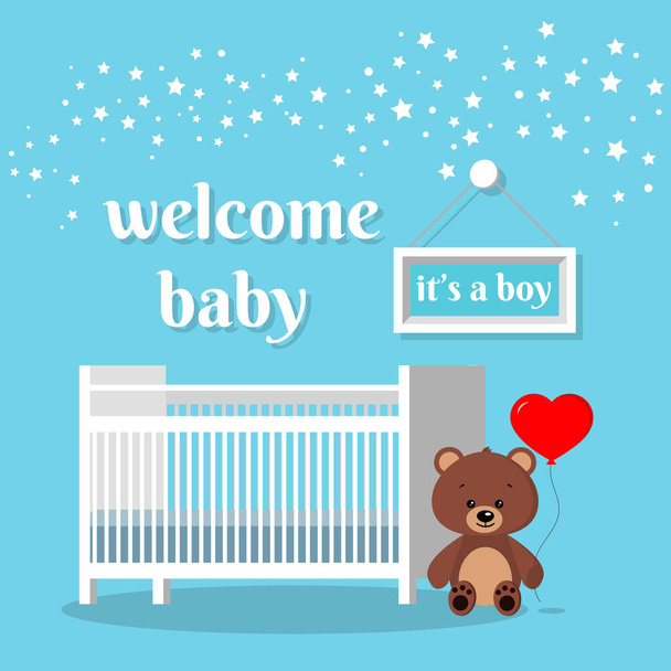 Baby room with white bed, sign, stars, brown teddy bear with red ballon and words. - Vetor, Imagem