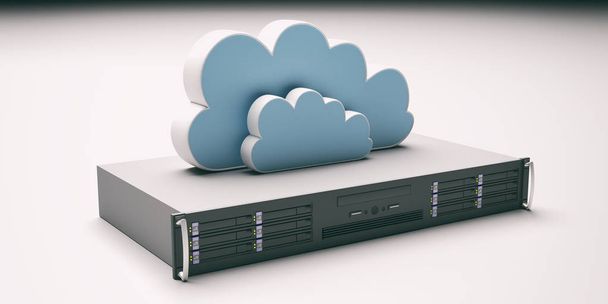 Jednostka serwerowa i chmura pamięci masowej komputera na białym tle. Ilustracja 3D - Zdjęcie, obraz