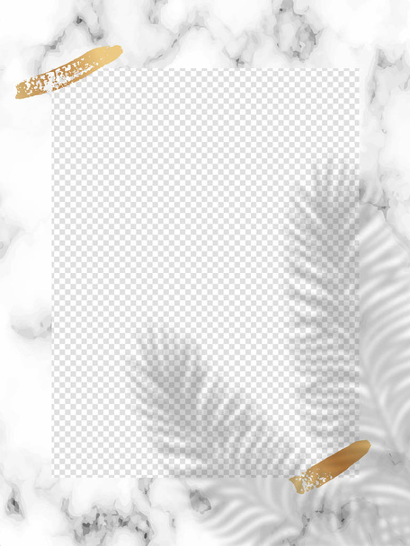 marmurkowe tło ze złotym pociągnięciem pędzla i pokrywą cienia tropikalnego liścia palmy. Zaproszenie ślubne wymyślone. Template Flyer, karta, plakat, puste, social media post w minimalnym modnym stylu - Wektor, obraz