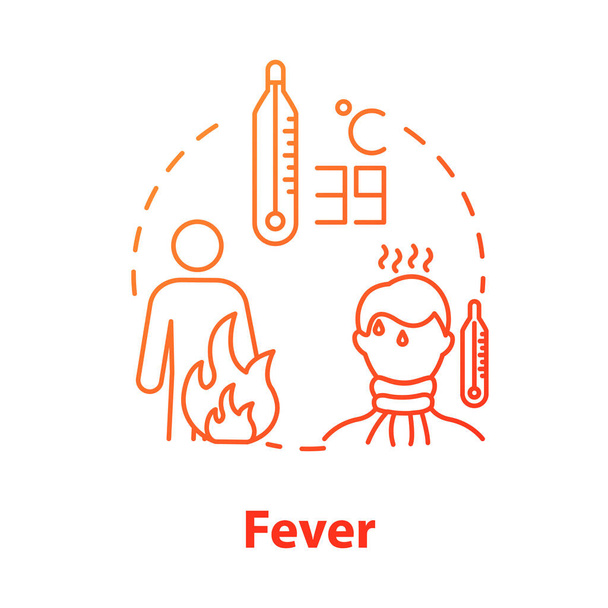 Fever concept icon. Unhealthy person. High temperature. Inflammation from virus. Patient unwell. Body ache. Flu symptom idea thin line illustration. Vector isolated outline RGB color drawing - Vektör, Görsel