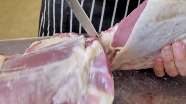 Cutting of sheep meat. Make a sacrifice of a sheep on Kurban bayram. Butcher cut meat - Felvétel, videó