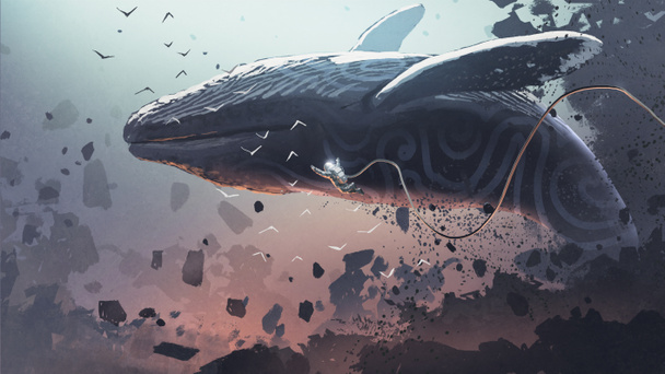宇宙飛行士はロックやデジタルアートスタイルイラスト絵画から飛び降りるファンタジークジラの近くに浮かんでいます - 写真・画像