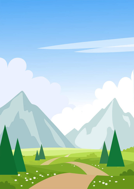 Summer landscape with mountains, trees, road, meadows. Print with spring landscape. Modern natural background. Flat cartoon illustration with place for text. - Vetor, Imagem
