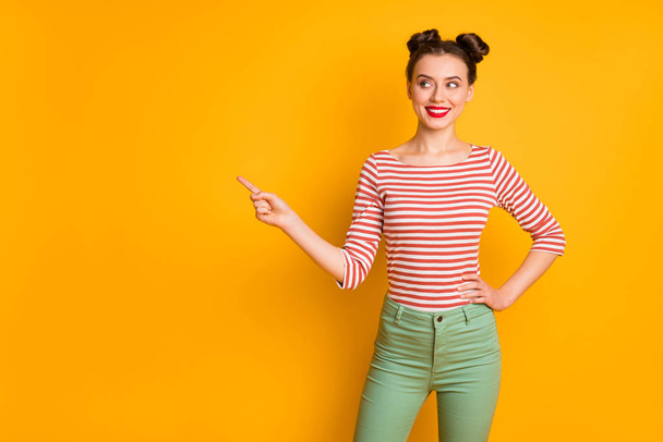 Portrait of her she nice-looking attractive lovely pretty charming cheerful cheery girl showing decision copy space isolated over bright vivid shine vibrant yellow color background - Foto, immagini