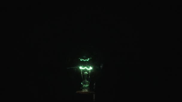 Közelkép a zöld színű party izzó ellen fekete háttér fény be és ki villogó, zökkenőmentes hurkolás. - Felvétel, videó