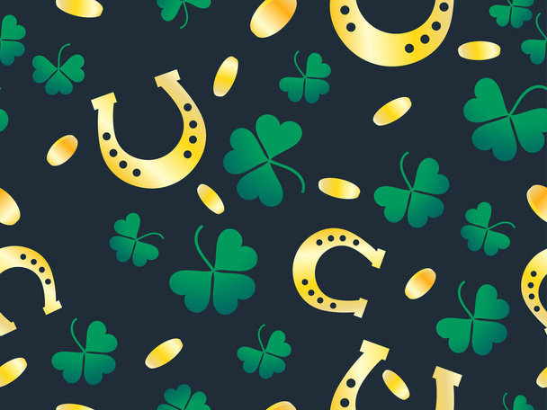 St. Patrick's Day seamless pattern. Background with clover leaves, gold coins and horseshoes. Symbols of the party. Vector illustration - Vektor, kép