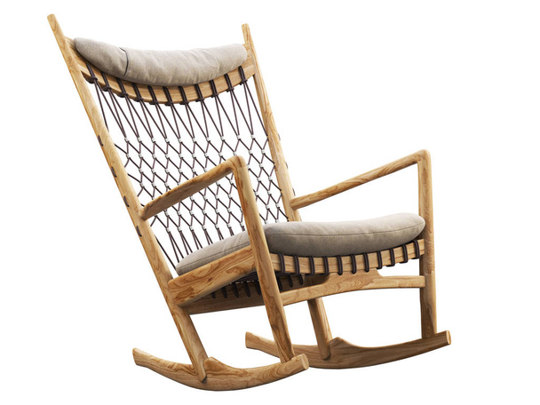 Drewniany fotel bujany z tekstylnym siedziskiem i zagłówkiem. 3d renderowanie - Zdjęcie, obraz
