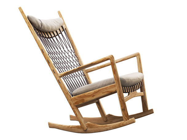 Ξύλινη κουνιστή καρέκλα με κάθισμα από ύφασμα και προσκέφαλο. 3d απόδοση - Φωτογραφία, εικόνα