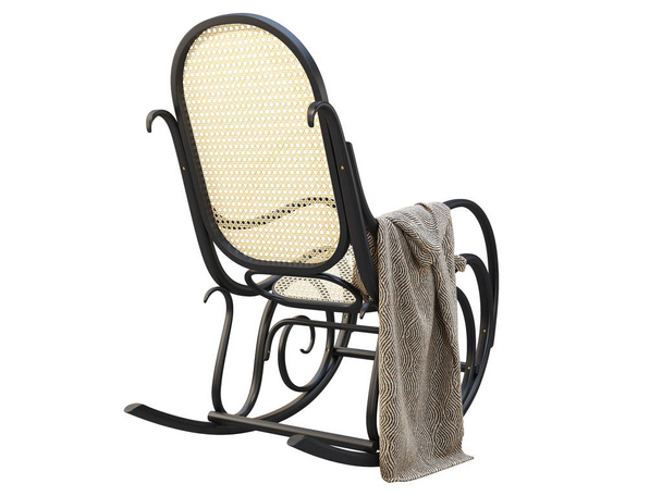 Cadeira de balanço de madeira de faia dobrada de meados do século com cobertor. Renderização 3d
. - Foto, Imagem