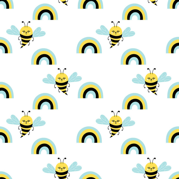 Cute cartoon bee or Bumble Bee and rainbow. Flat style. Vector seamless pattern on white. Hand drawn insects - Vector, Image