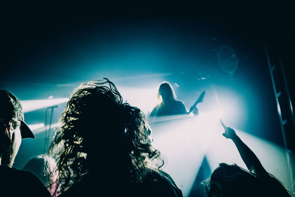 A metalhead headbanging during the show in front of the stage. Strands of hair in deep blue and yellow stage lights. - Photo, Image