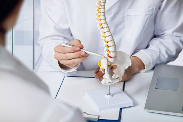 The doctor shows an intervertebral hernia on the spine. - Fotografie, Obrázek