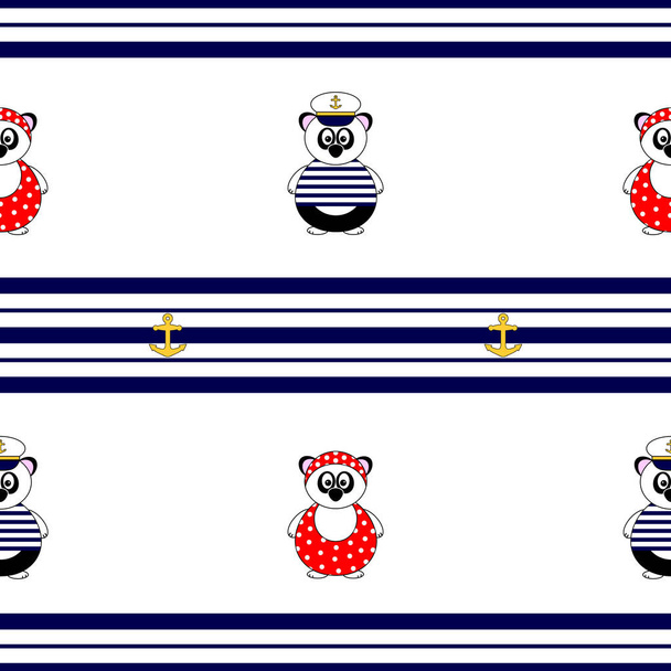 patrón de vector inconsútil temático marino lindo, con oso panda en traje de baño y capitanes sombrero y rayas azules
 - Vector, imagen