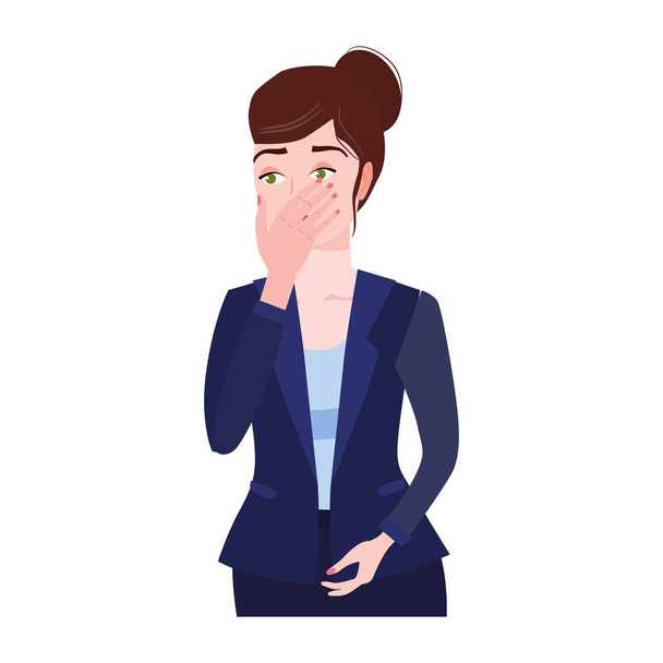 Geschäftsfrau mit Facepalm-Geste. Kopfschmerzen, Enttäuschung oder Scham trauriges gestresstes Gesicht, sorgenvoller enttäuschter Ausdruck. Vektor-Illustration im Cartoon-Stil isoliert - Vektor, Bild